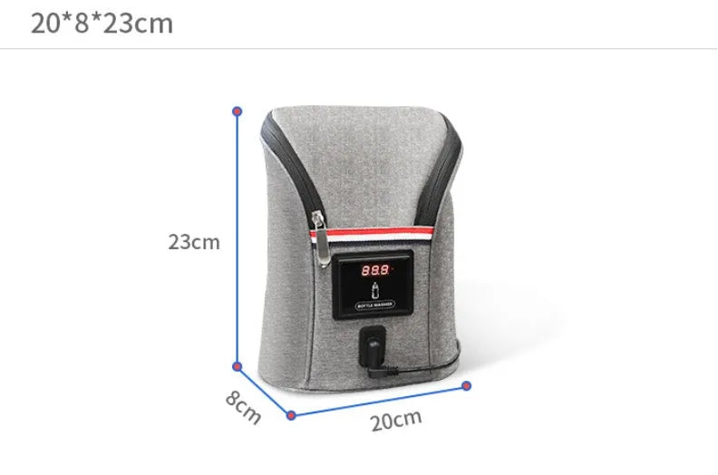 Grey Oxford cloth portable car USB baby bottle warmer with electronic display and car charger.