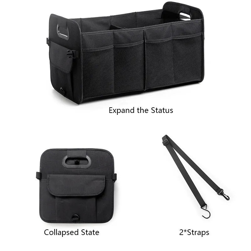 Foldable multi-compartment car trunk storage box with handle in black colour