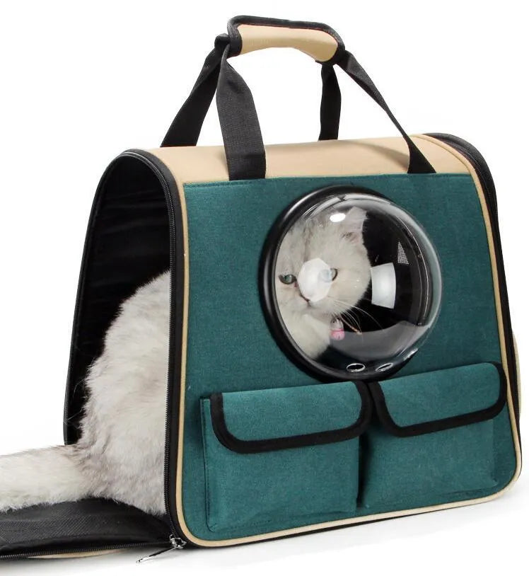 Pet bag backpack in green Oxford material for dogs and cats, 40x28x36cm, with breathable design