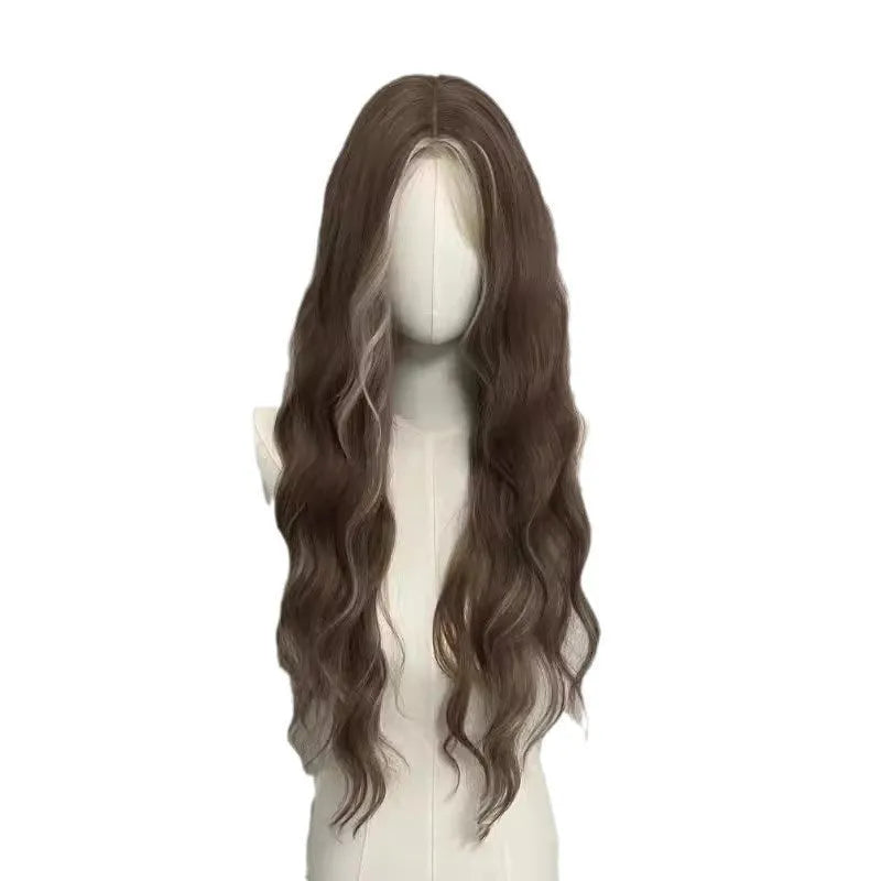 Long curly wig with gray golden highlights and lace base for natural hairline