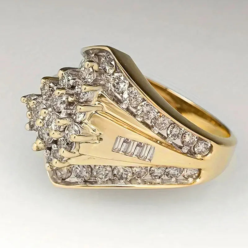 Gold electroplated heavy industry ring with geometric palace style design on copper