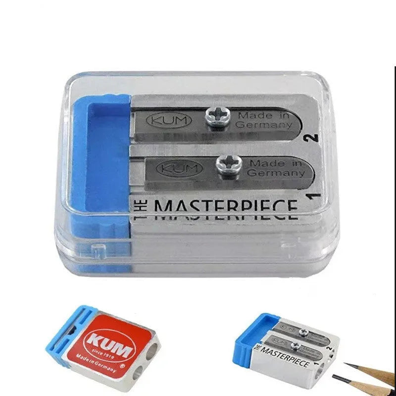 Segmented magnesium metal pencil sharpener with blue plastic plug and two spare blades in silver colour