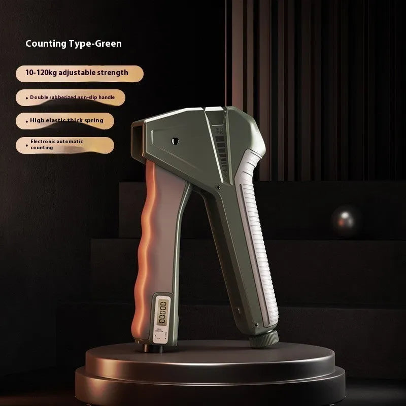 Adjustable grip strength trainer with mechanical force counter display showing resistance level