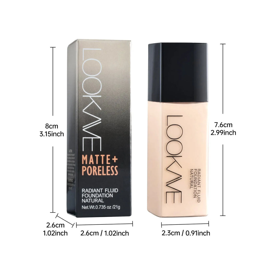 LOOKAVE Matte Liquid Foundation bottle in one of six shades, 21g net content.