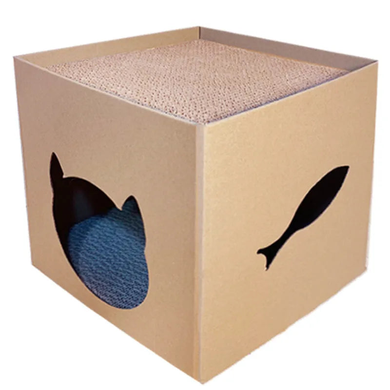 Vertical corrugated paper cat scratch board with pet milk carton design in 30cm cube dimensions