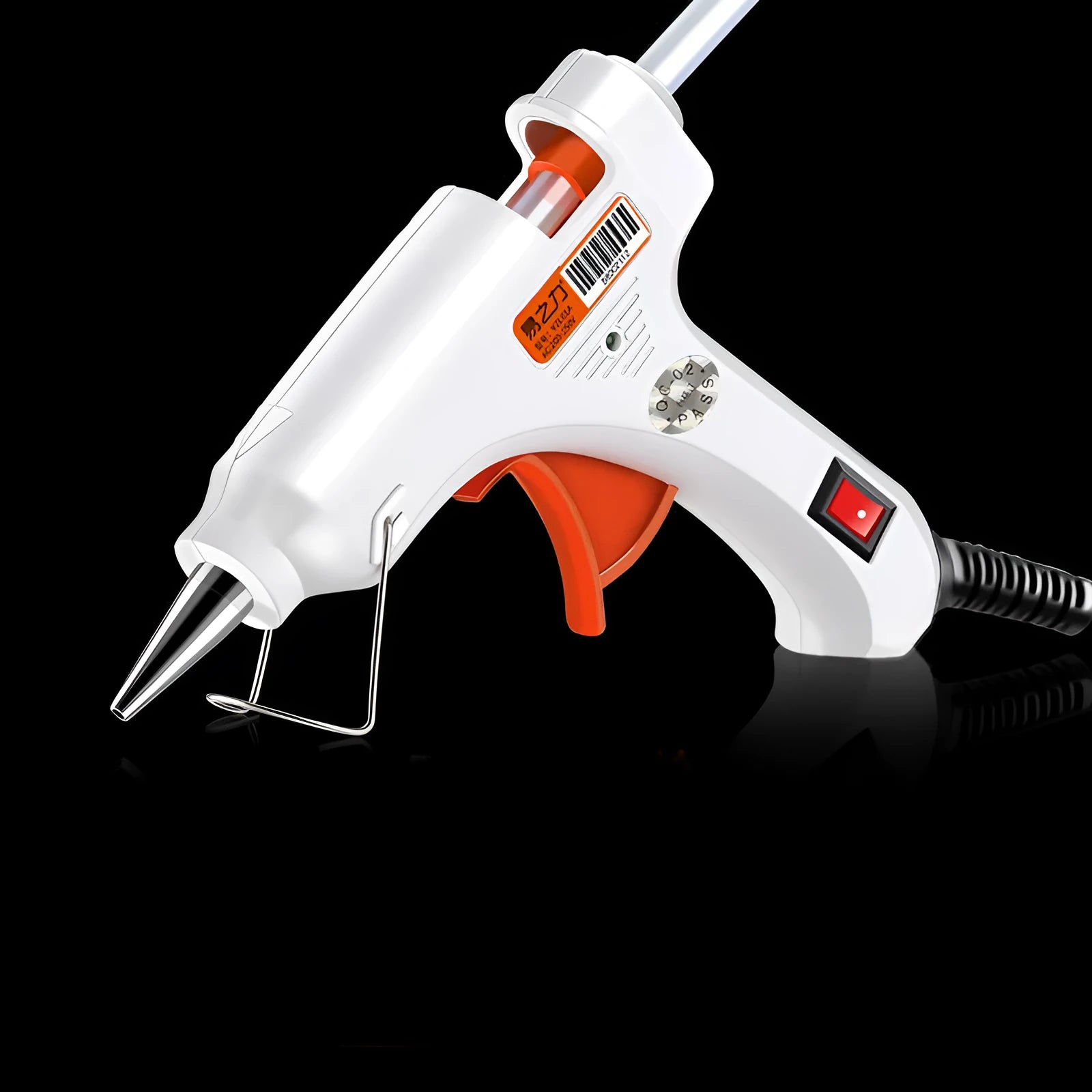 White electric hot melt glue gun with safety power switch LED, anti-heat blanket, and metal bracket