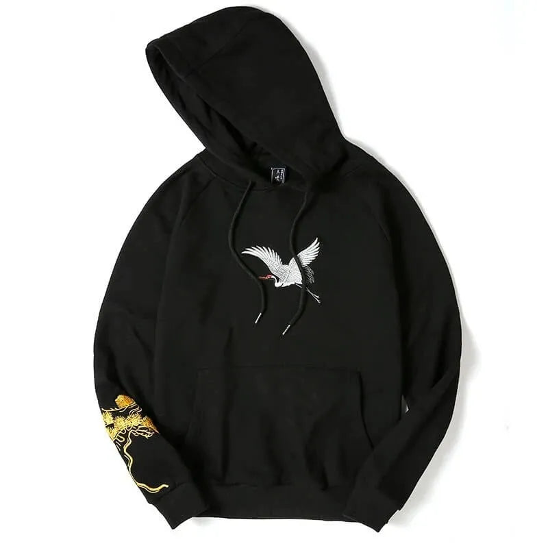 Fairy embroidered men's black cotton hooded sweatshirt loose fit Chinese style