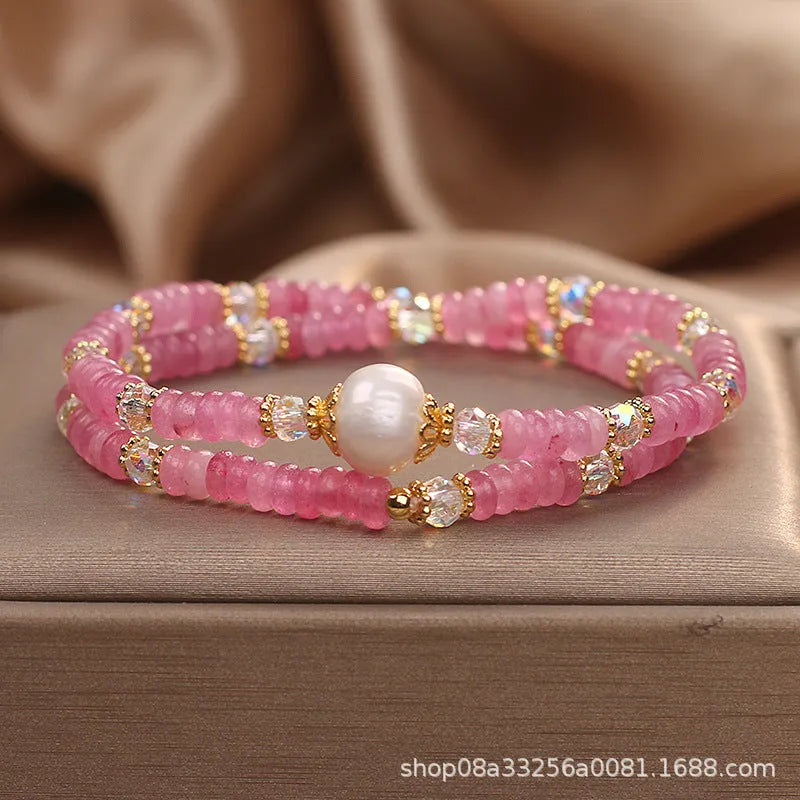 Rose red glass crystal freshwater pearl necklace bracelet set for women original design