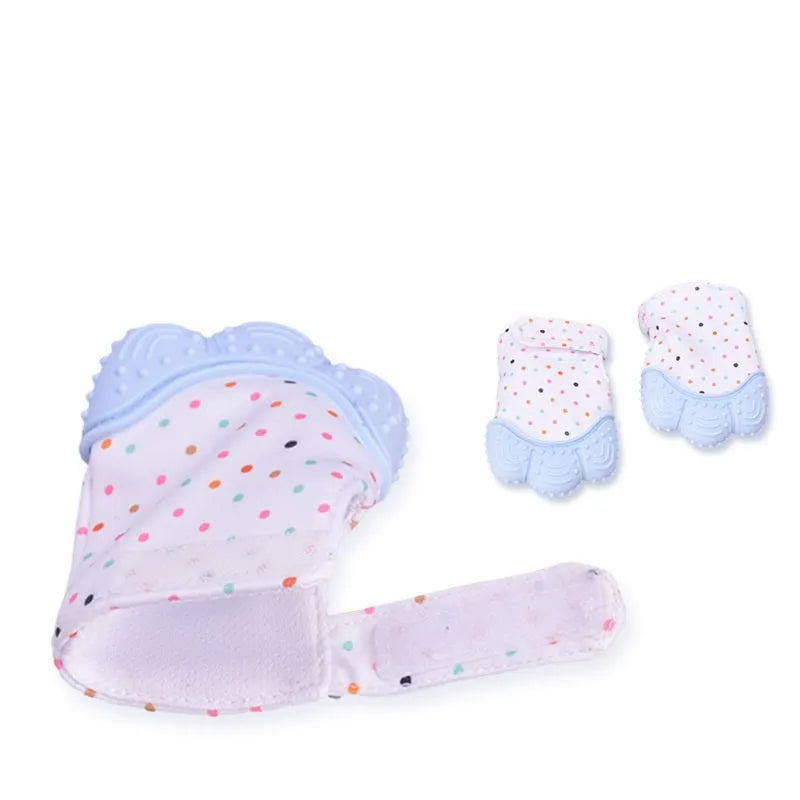 Silicone baby teether gloves with Velcro strap in multiple colour options for infants 3-12 months