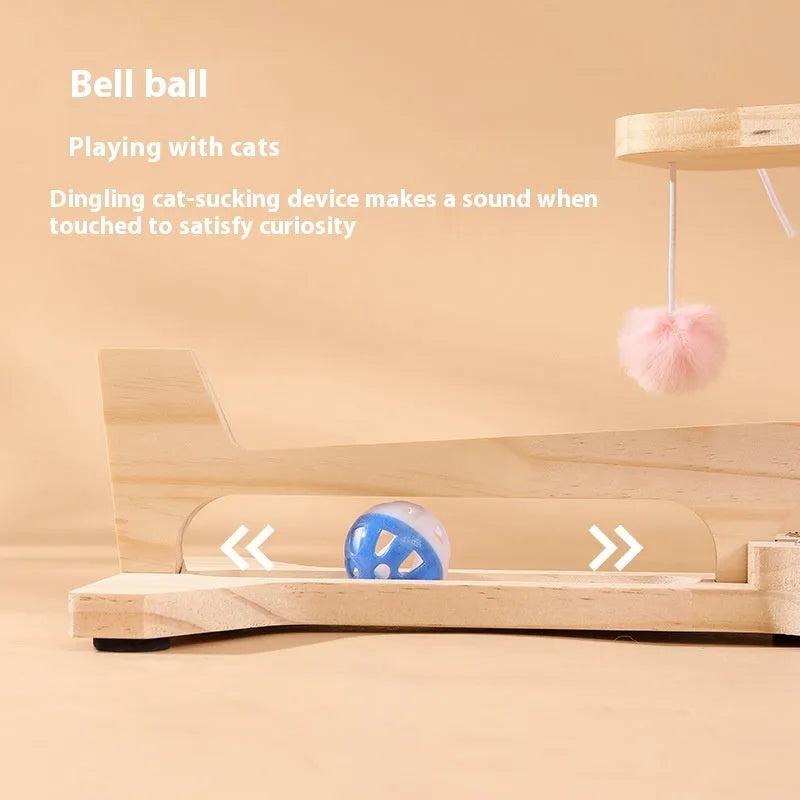 Solid wood cat scratch board toy with turntable and teasing ball in choice of themed designs