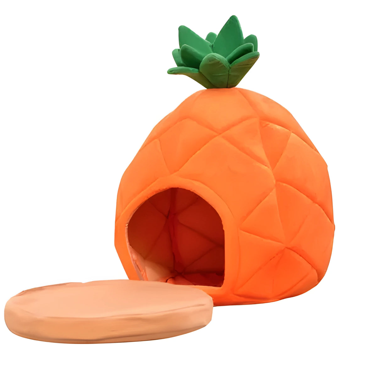 Orange pineapple trumpet pet bed in cloth, sizes S and L, with anti-slip bottom option for small pets.