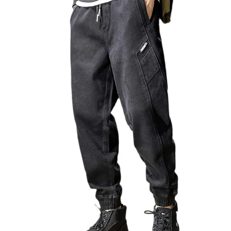 Plus size loose tapered work jeans with wool lining in grey, camel, or black, sizes M to 5XL