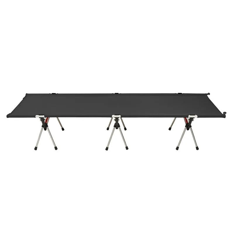 Portable folding bed in khaki colour showing folded and assembled configurations with storage bag