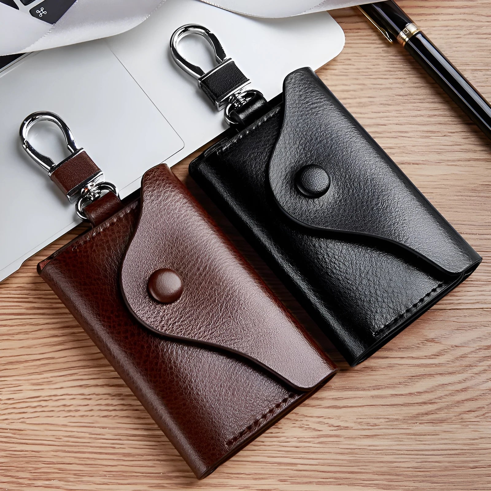 Square genuine leather keychain card holder with key ring in black colour.
