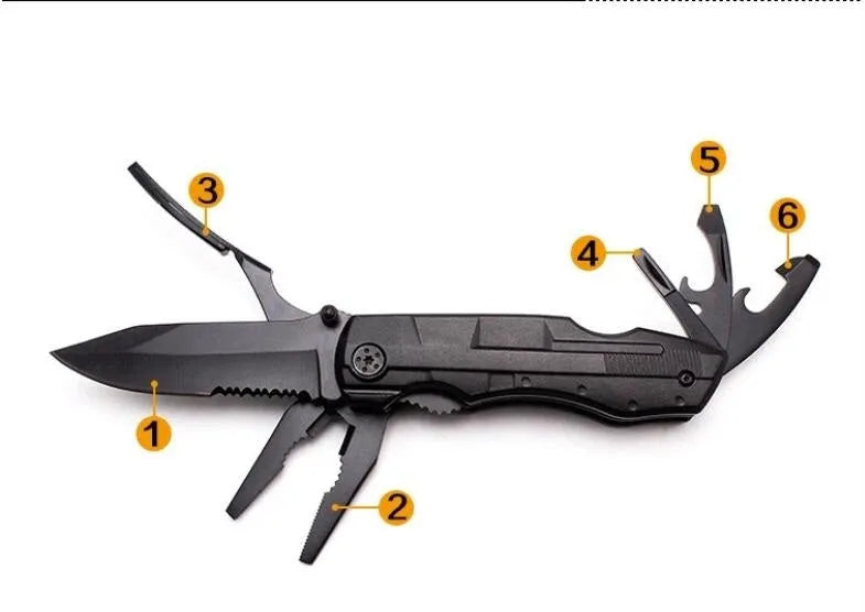 Black multi-purpose folding pliers tool with 7.5cm blade and aluminium handle on a flat surface