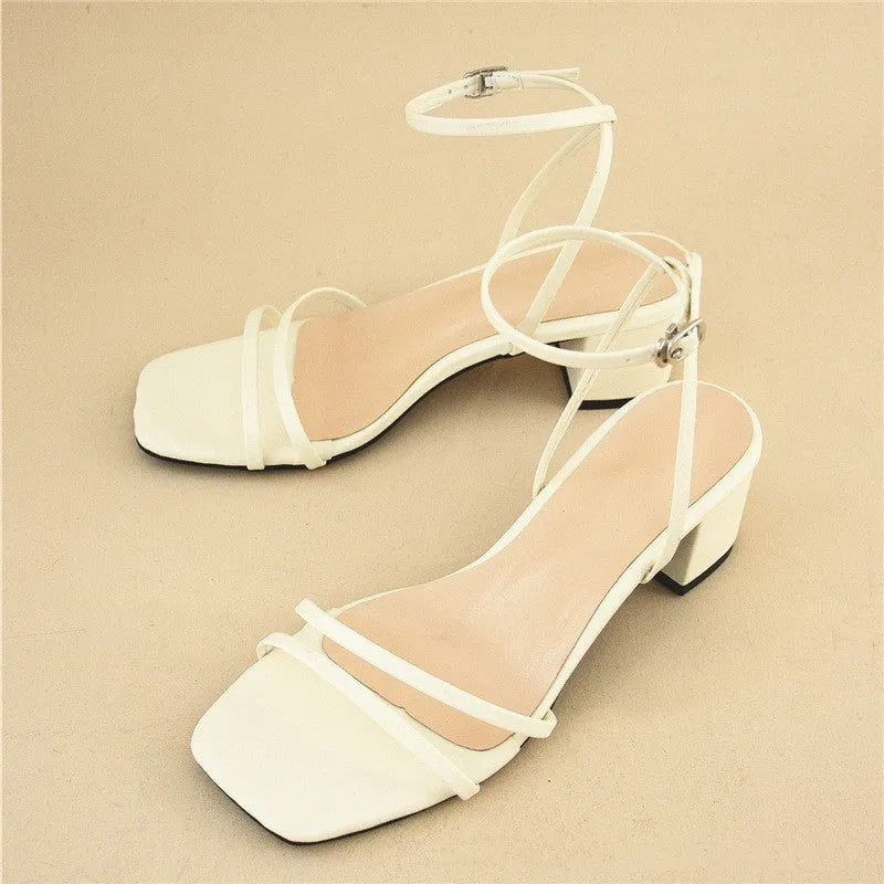 Beige women's square toe sandals with chunky stiletto heel and ankle buckle strap