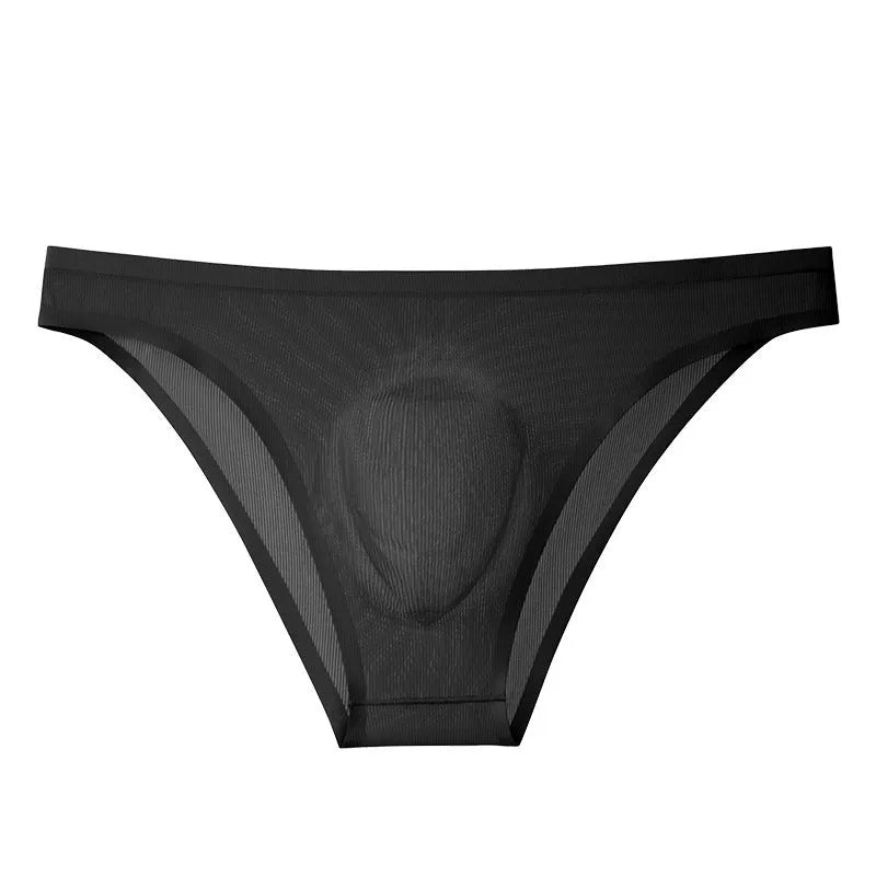 Men's ultra-thin seamless ice silk underwear briefs in striped colours on a white background.