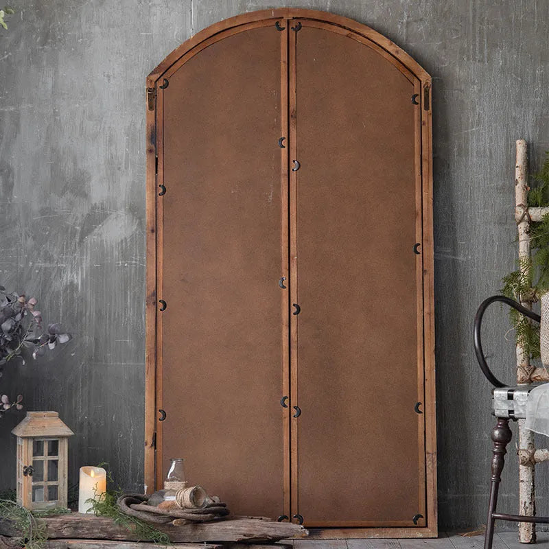 Log-coloured distressed wooden glass fake window wall mirror, A316 style.