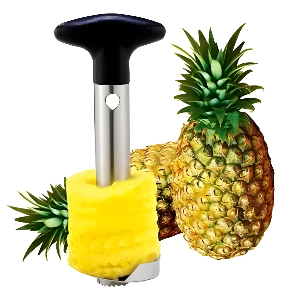 Stainless steel pineapple corer-slicer with black ABS handle, 18cm height, on white background