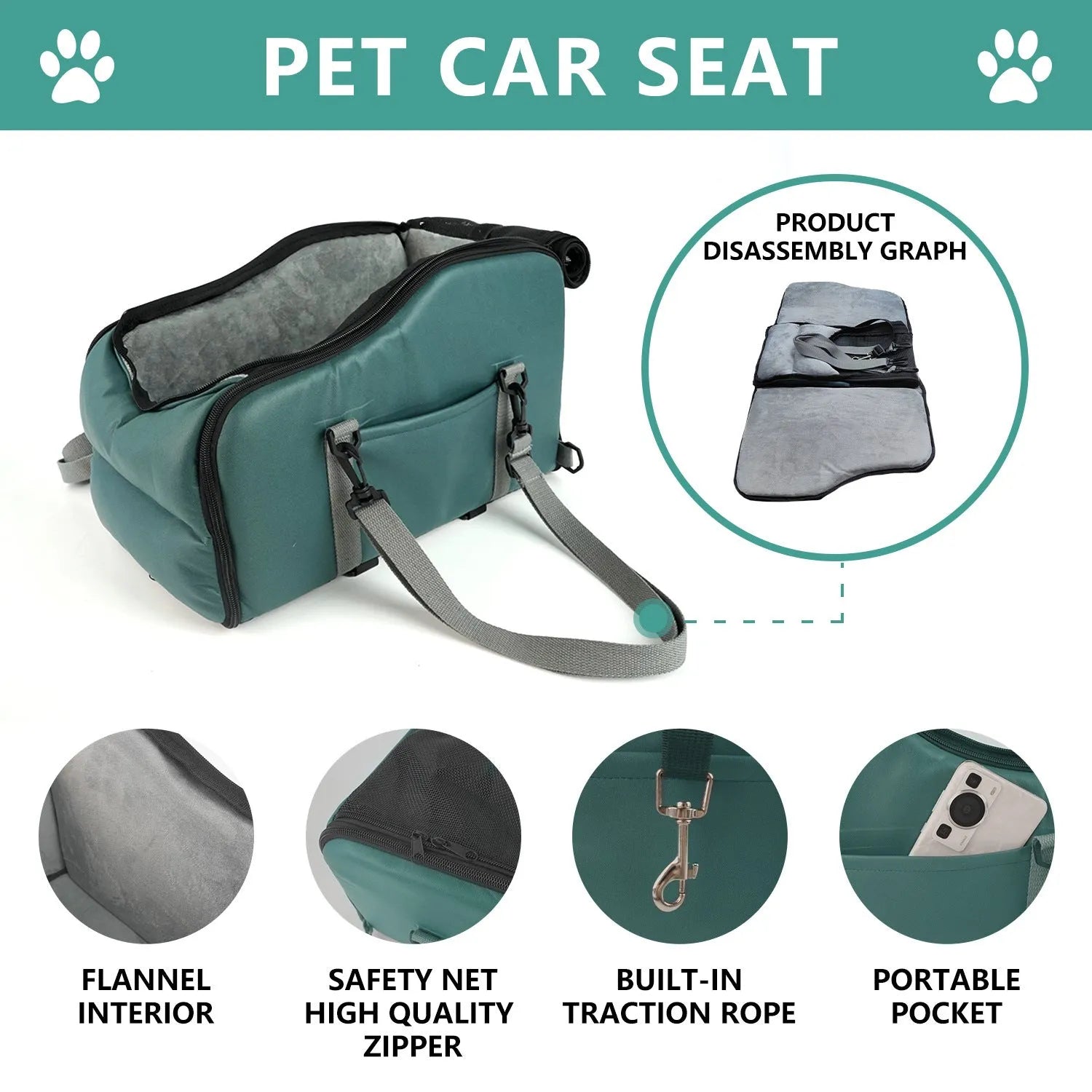 Portable car pet mat in faux leather with removable washable cover, 45x22x26.5cm, available in green grey orange yellow