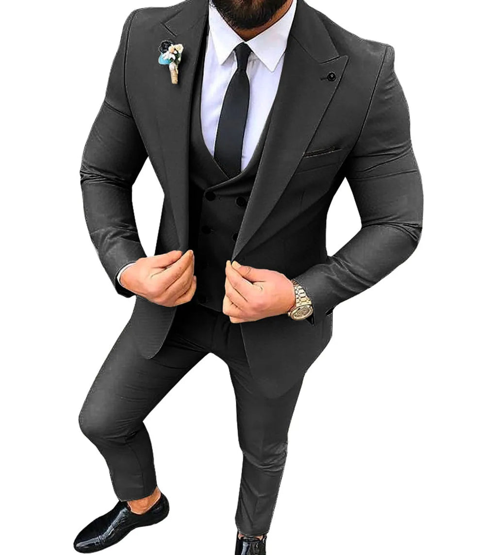 Men's slim fit three-piece suit set in cotton, jacket vest and trousers, available in various colours and sizes XS to 5XL.