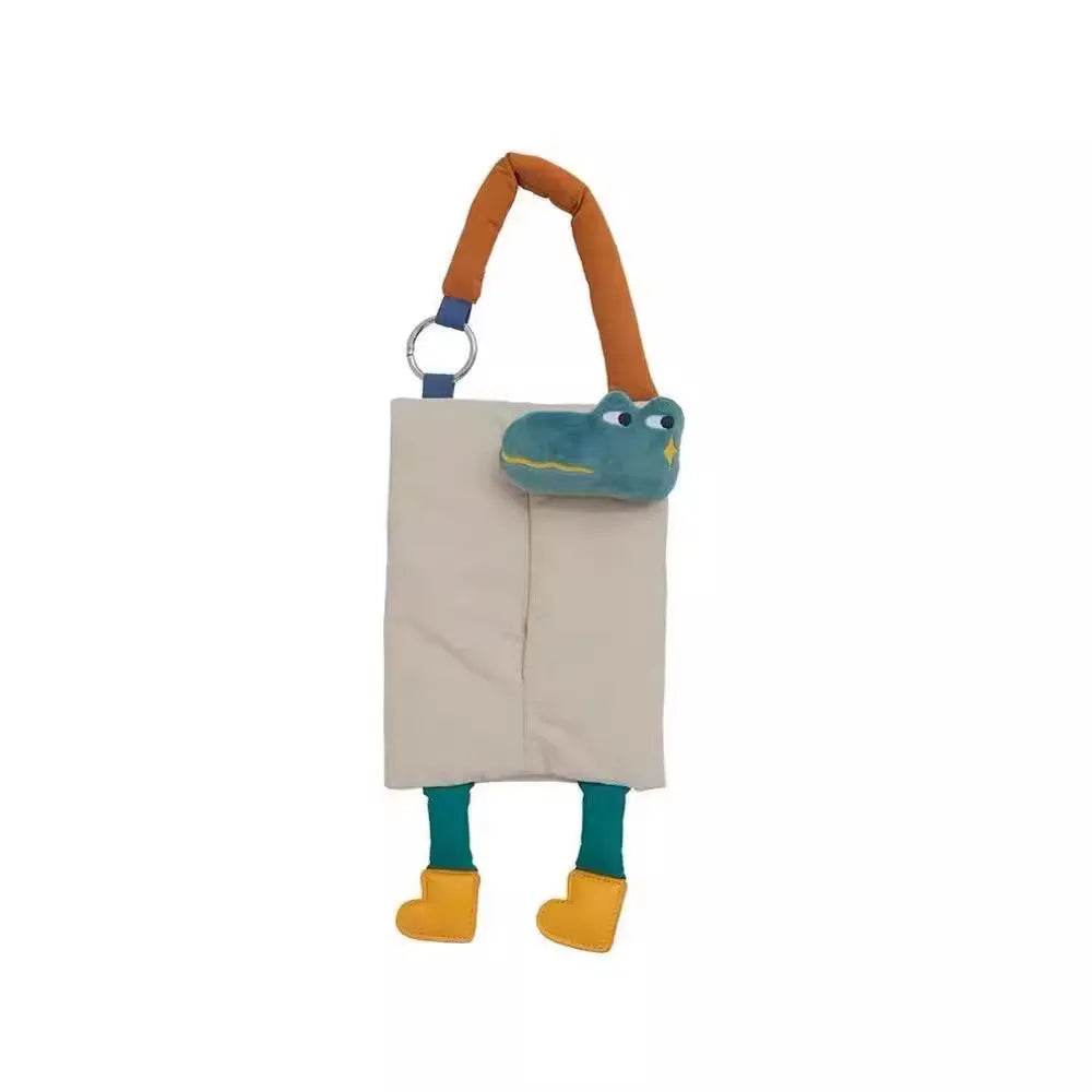 Hanging plush tissue buggy bag in baby crocodile design measuring 25x19cm