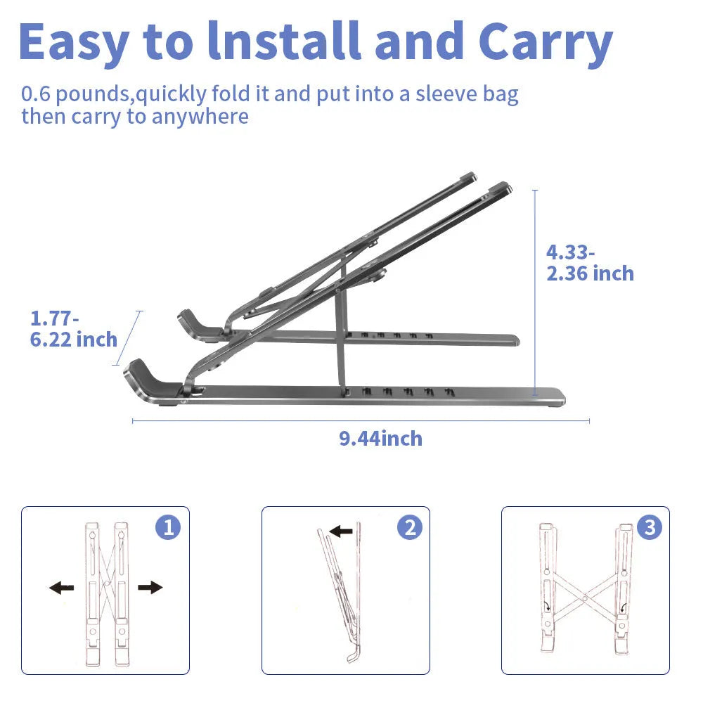 Silver aluminium laptop stand with six height positions beside a black laptop