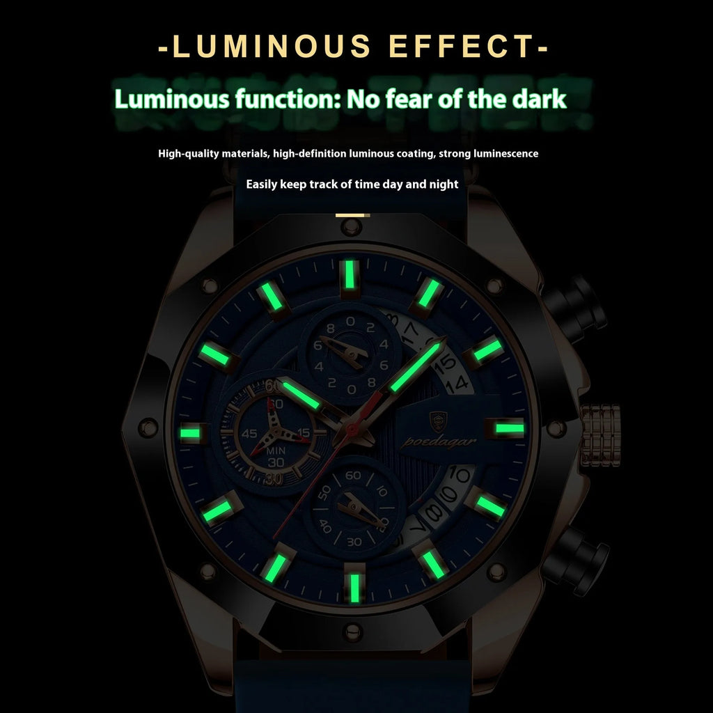 Men's chronograph watch with silicone strap showing diamond dial and 10mm case thickness