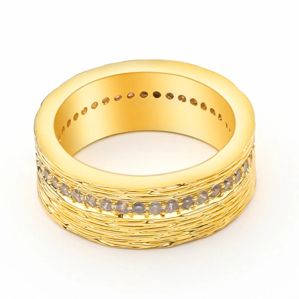 Gold geometric women's zircon ring in electroplated copper, shown in sizes 6-8
