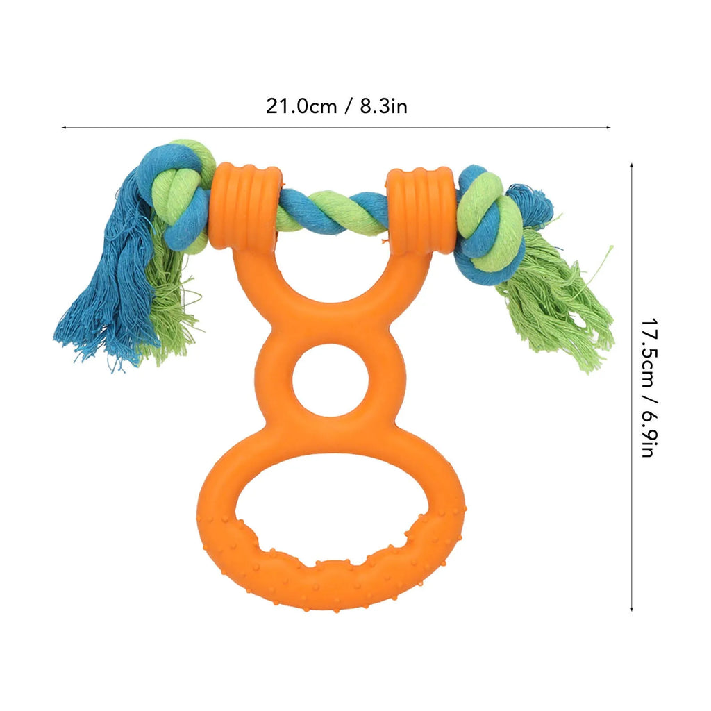 Dog rubber ring rope toy in orange colour with cotton rope handle on a white background