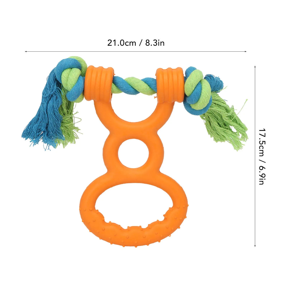 Dog rubber ring rope toy in orange colour with cotton rope handle on a white background