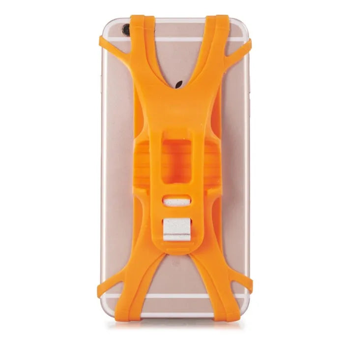 Silicone bicycle phone holder mounted on handlebars showing three adjustment holes