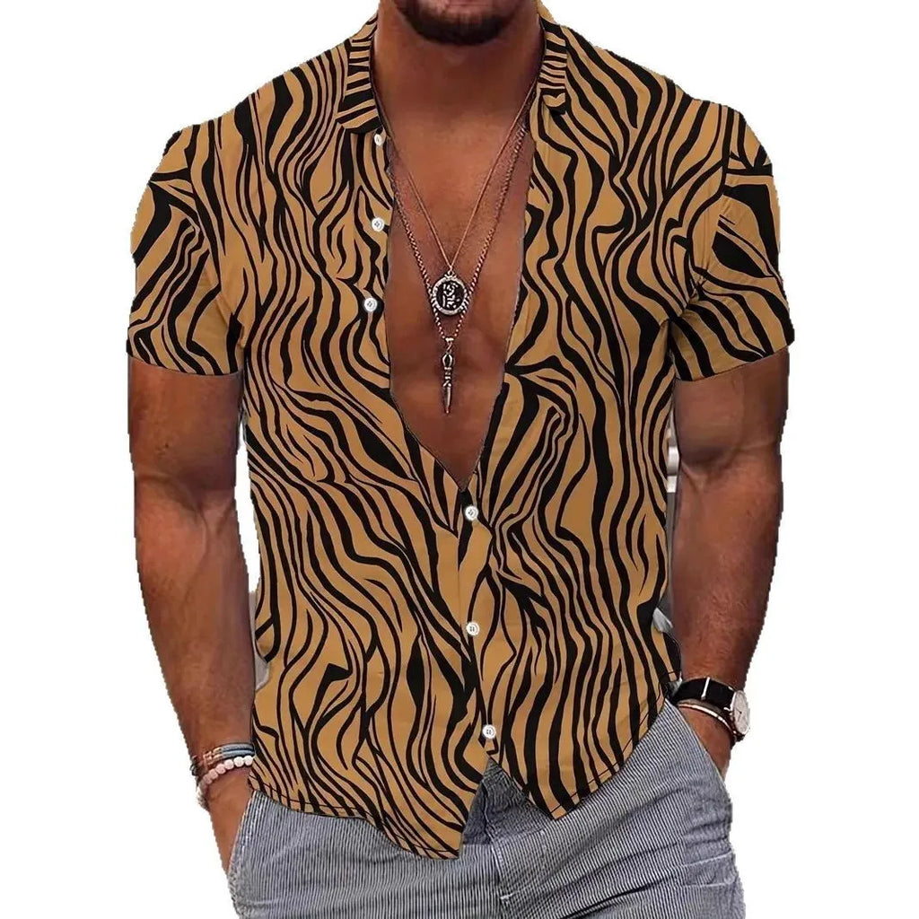 Men's geometric line print short sleeve shirt in slim fit polyester fabric