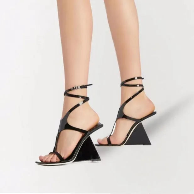 Women's black high heel sandals with square toe and button fastening, 9.5cm heel.