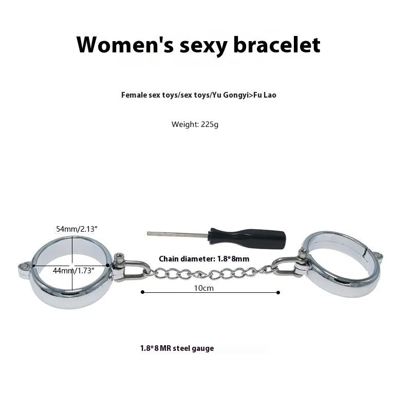 Silver zinc alloy handcuffs and footcuffs with stainless steel bracelet closures for adult restraints