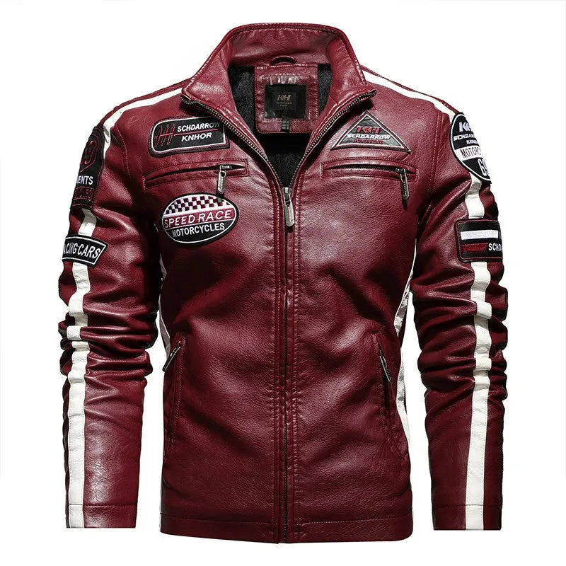 Men's black PU leather slim-fit embroidered jacket with stand-up collar and zipper front