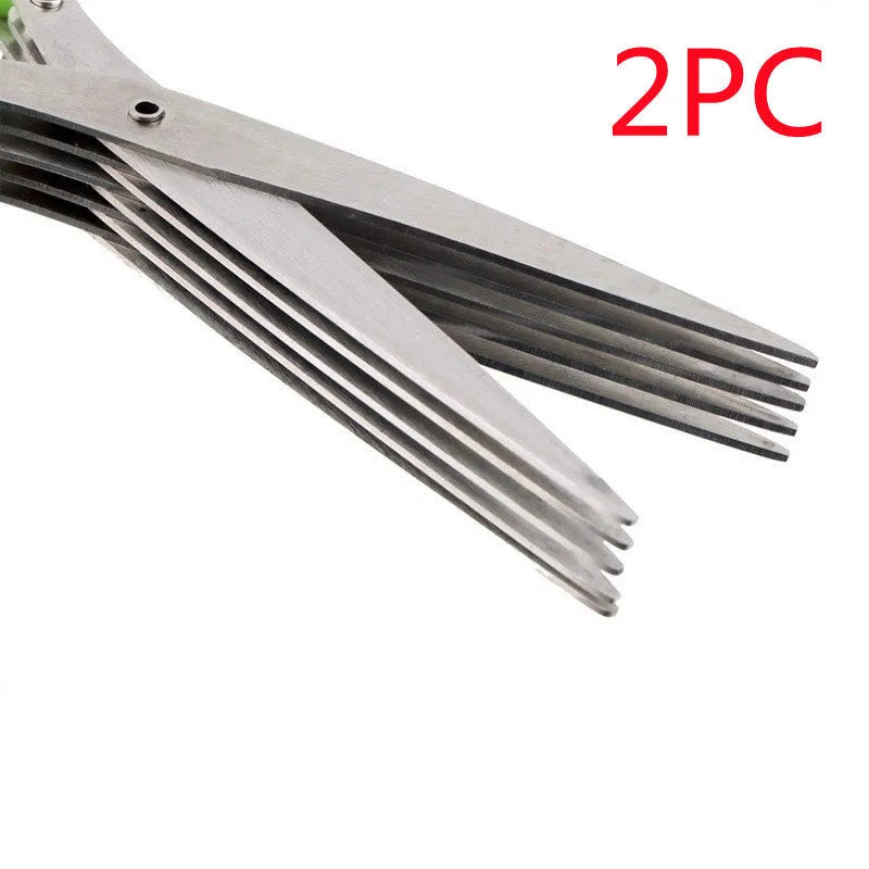 Green multi-layer stainless steel kitchen scissors for cutting herbs and green onions.