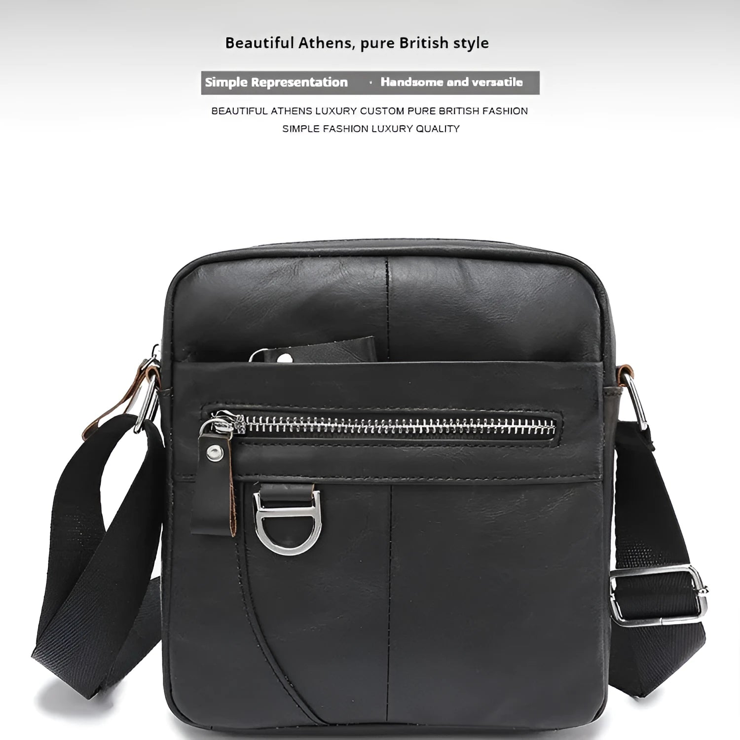 Black genuine leather messenger bag for boys with crossbody strap and sewing line detailing