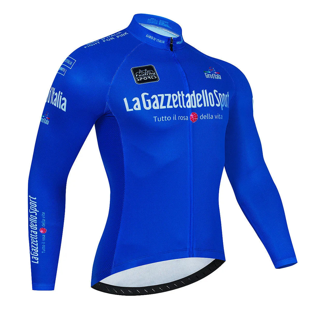 Men's long sleeve cycling top in a patterned colour, showing the breathable fabric and fit for biking.