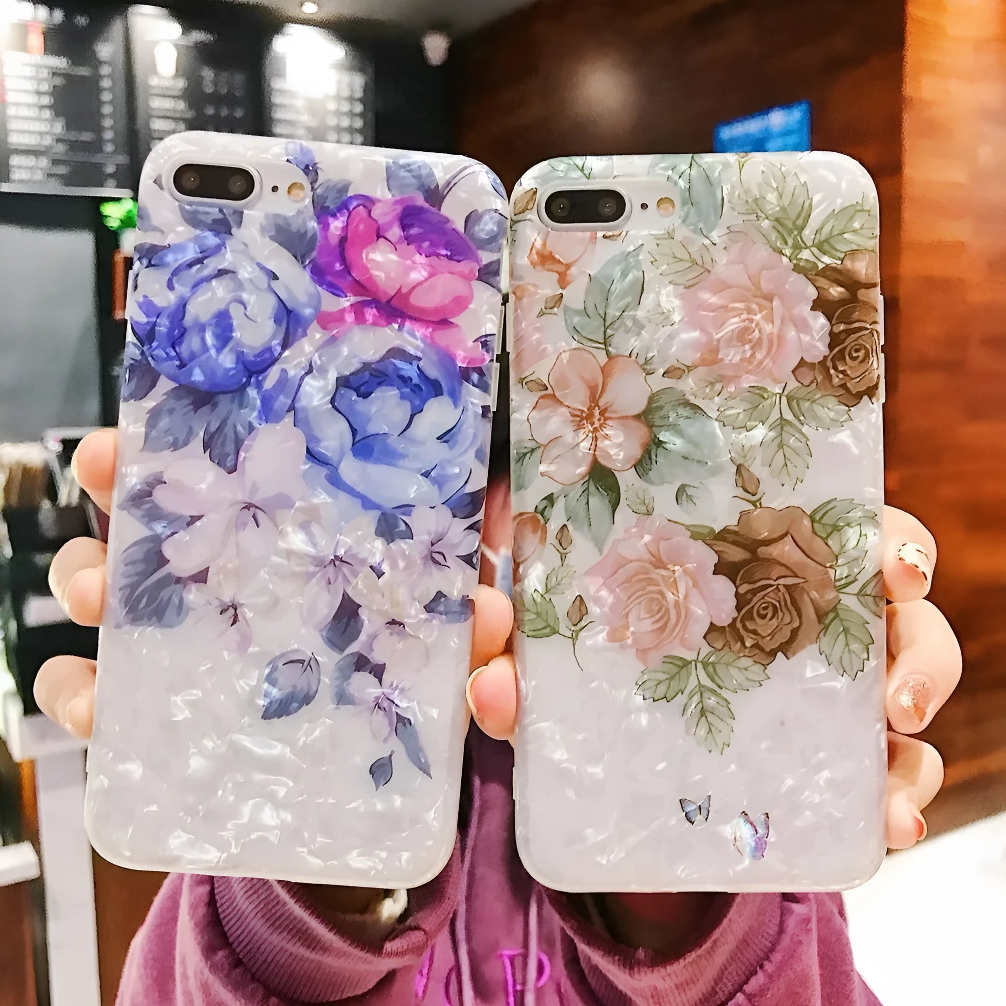 Dream Shell soft TPU iPhone case with a brown rose flower pattern on the back