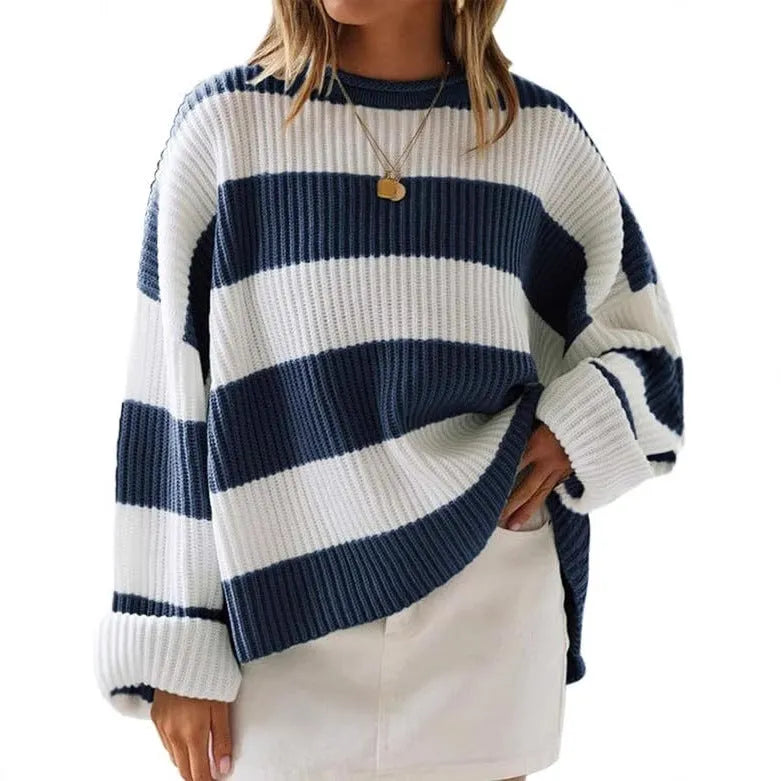 Women's striped loose sweater with bell sleeves and crocheted flower details in viscose fibre.