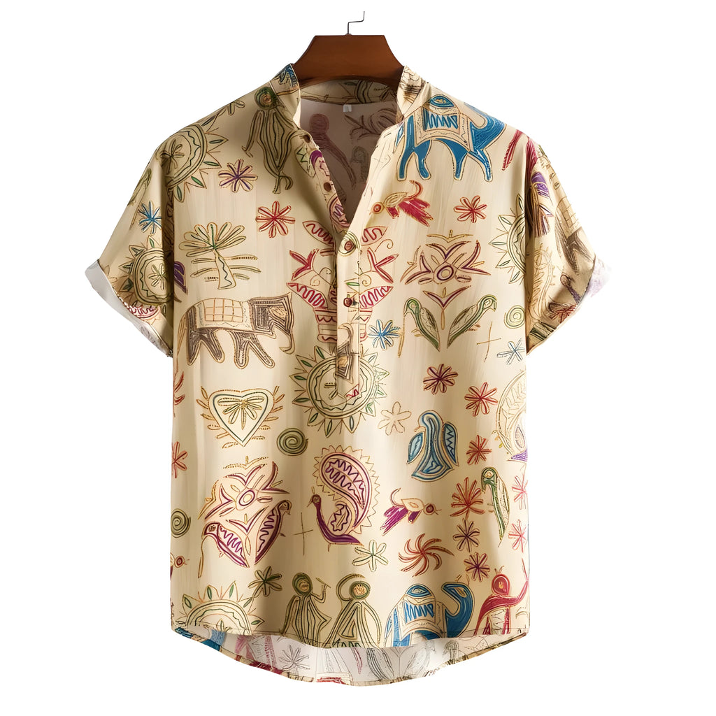 Plus size male model wearing a loose, colourful 3D printed cardigan-style shirt.