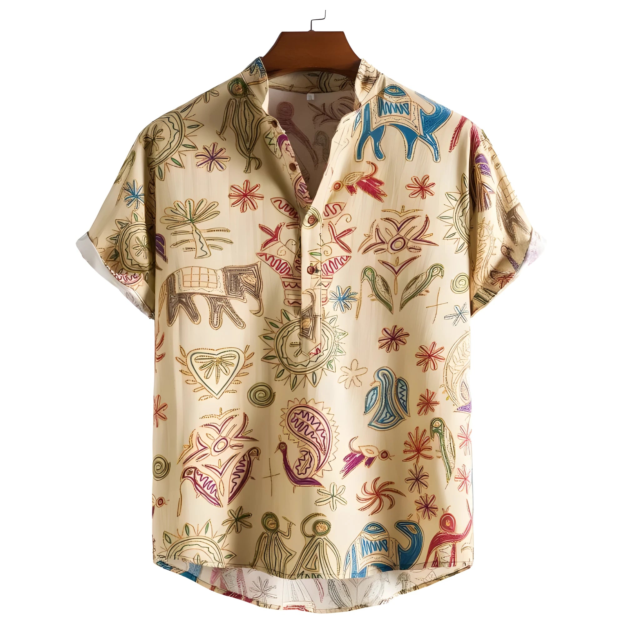 Plus size male model wearing a loose, colourful 3D printed cardigan-style shirt.