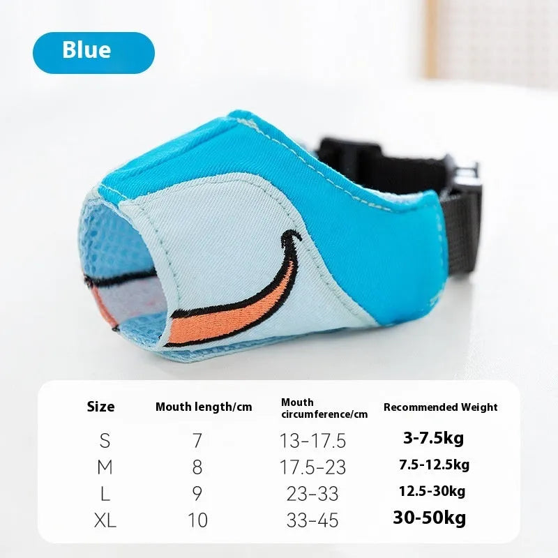 Canvas dog muzzle in Ollie Brown Bear colour on a size chart showing S, M, L, and XL options.