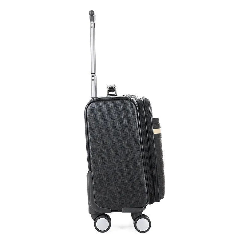 Black PU leather wheeled business case with airplane-style wheels and security lock
