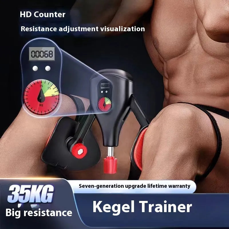 Men's black and grey Kegel trainer for PC muscle exercise, shown with optional strap and handle attachments.