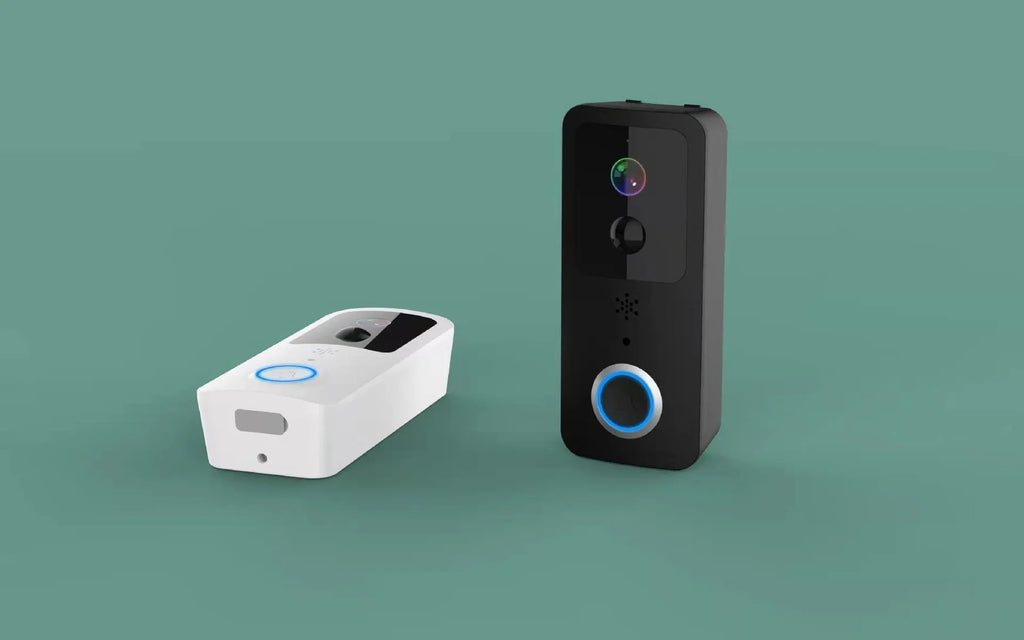 Black or white smart waterproof HD visual doorbell with camera and intercom for outdoor security.