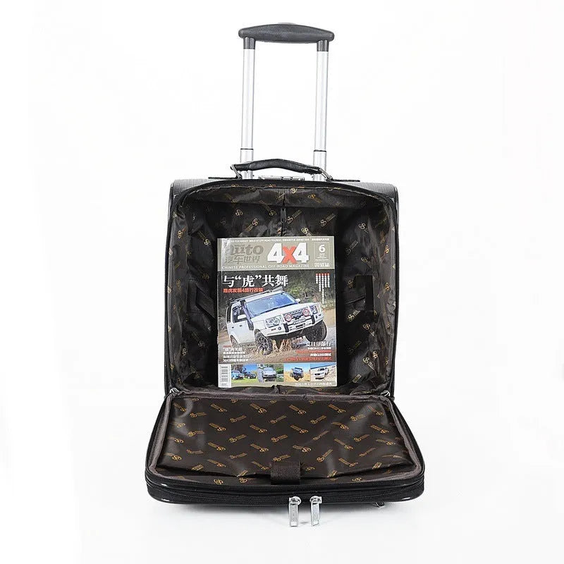 Black PU leather wheeled business case with airplane-style wheels and security lock