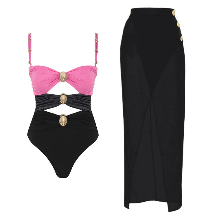 Women's one-piece swimsuit with attached skirt featuring gold buttons in black, blue, brown and pink colours