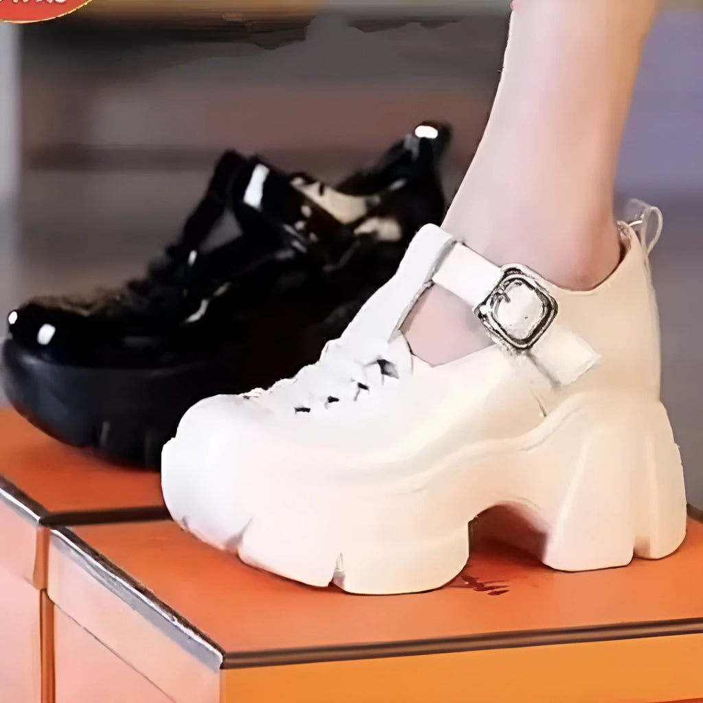 Women's black satin genuine leather Roman pumps with a skull pattern, hollow-out details, and a chunky wedge heel.